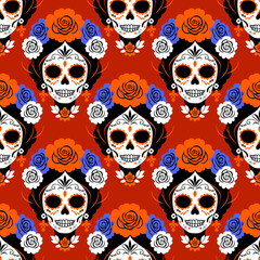 Bright vector seamless pattern with sugar skulls. Catrina head. Mexican Day of the Dead