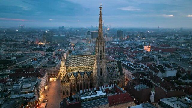 Aerial view of famous places St. Stephen's Cathedral Stephansdom at night. Mother church of the Roman Catholic Archdiocese of Vienna. Austria