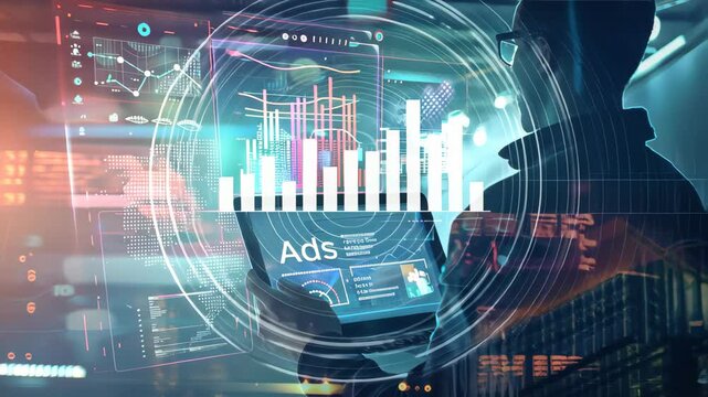 Businessman using a laptop with digital marketing data and an AI advertising.