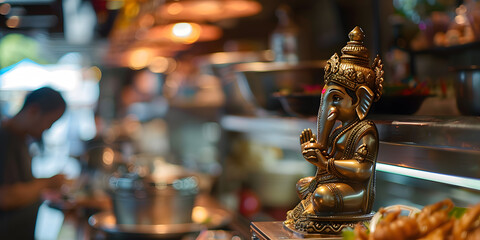 Obraz premium God Ganesha Idol Sitting on a Shelf in a Shop | Symbol of Wisdom and Prosperity in Indian Religious Art