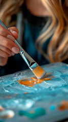 A close up reveals a woman's delicate hand holding a paintbrush, as strokes of color glide smoothly across the canvas. Concentration and creation take shape in this artistic moment.