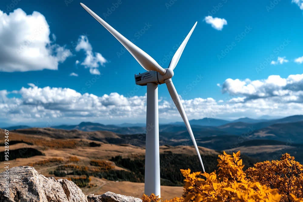 Poster Clean energy performance optimization is depicted in a minimalist design focusing on the streamlined operation of a wind turbine