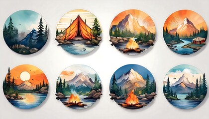Fototapeta premium Camping Watercolor Emblems - set of flat camping adventure badges in watercolor style. Graphic art illustration