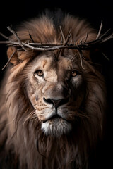 Naklejka premium Lion with Crown of Thorns on His Head | Powerful Symbol of Strength, Sacrifice, and Spirituality