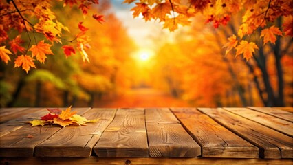 Wooden table with vibrant orange leaves in autumn setting, autumn, fall, background, orange, leaves, foliage, wooden