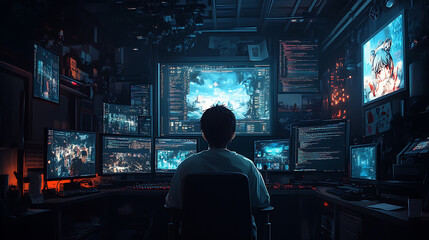 Naklejka premium The man is looking at the computer screen with a serious expression