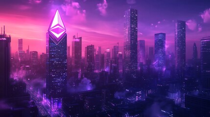 Ethereum Logo Adorns a Futuristic Cityscape at Twilight