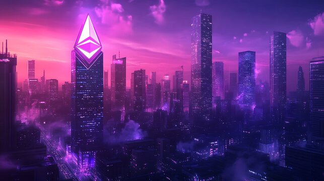 Ethereum Logo Adorns a Futuristic Cityscape at Twilight