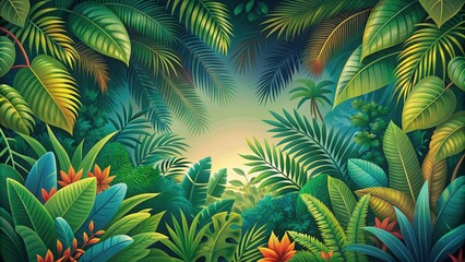 Illustrative jungle pattern with lush leaves and exotic trees in vibrant colors, floral, jungle, pattern, leaves, exotic
