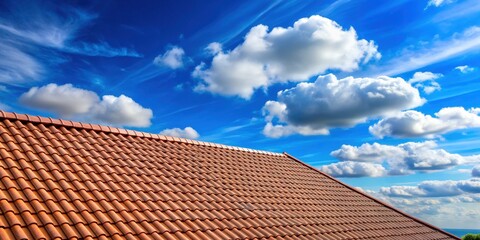Metal tile roof of brick house standing out against clear blue sky with fluffy clouds, metal tile, roof, brick house