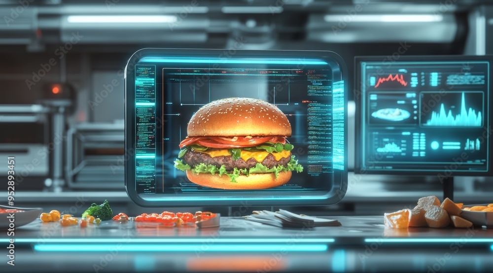 Poster a digital burger in an open futuristic hologram, surrounded by the ingredients of its creation. the 