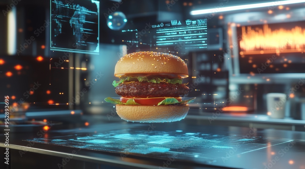 Poster a digital burger in an open futuristic hologram, surrounded by the ingredients of its creation. the 