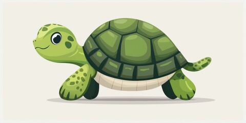 Fototapeta premium Charming, green cartoon turtle with a patterned shell, depicted in a simple, flat vector style.