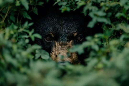 Black bear peeking through dense bushes, leaves and branches partially obscuring its face - Powered by Adobe