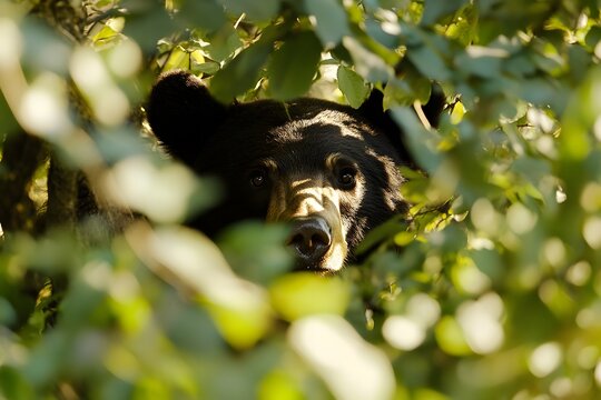 Black bear peeking through dense bushes, leaves and branches partially obscuring its face