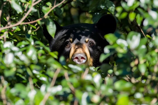Black bear peeking through dense bushes, leaves and branches partially obscuring its face