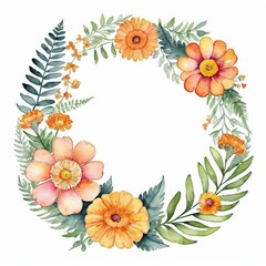 Obraz premium Watercolor wreath with orange and pink flowers and green leaves.