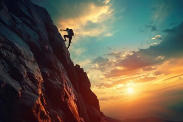 A man is climbing a mountain with a backpack, generative ai image