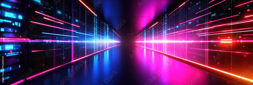 Poster abstract data center room with bright neon blue and pink light glowing server blocks. realistic 3d v