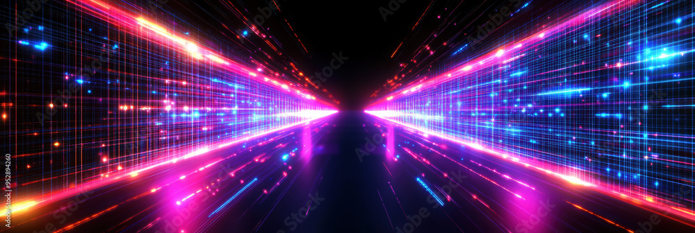 Poster abstract data center room with bright neon blue and pink light glowing server blocks. realistic 3d v