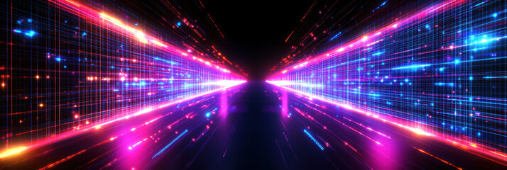 Obraz premium Abstract data center room with bright neon blue and pink light glowing server blocks. Realistic 3d vector illustration of tunnel with digital information and database warehouse super computer. 