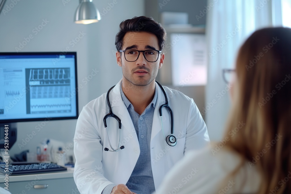 Poster a doctor in a white lab coat carefully examines a patient in a modern clinic setting, using a stetho
