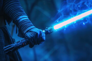 Naklejka premium A person holding a blue lightsaber with a blue flame, generative ai image