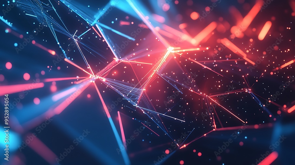 Poster abstract geometric network with red and blue glowing lines and dots