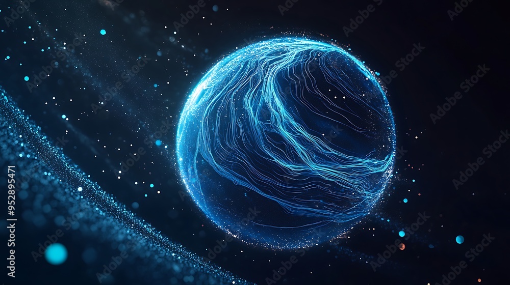 Poster abstract blue sphere with glowing lines and particles in a dark space