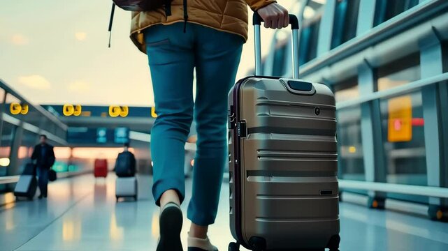 Young man holding suitcase in airport, travel concept.	