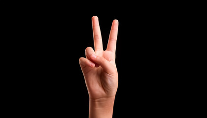 hand sign, 2, victory, fingers, child, hand, right hand,, black background, close-up