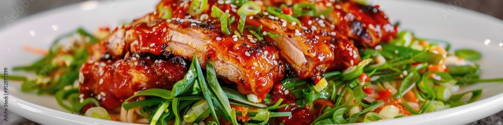 Canvas Prints Savory grilled pork cartilage accompanied by a spicy red sauce atop a green onion salad.