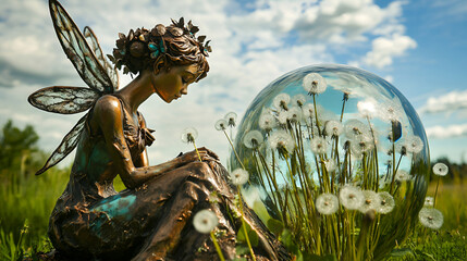 Enchanting Fairy Sculpture in a Field of Dandelions with a Reflective Glass Orb, Symbolizing Nature's Tranquility