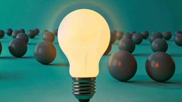 One glowing light bulb standing among the dark bulbs on pastel green background.	
