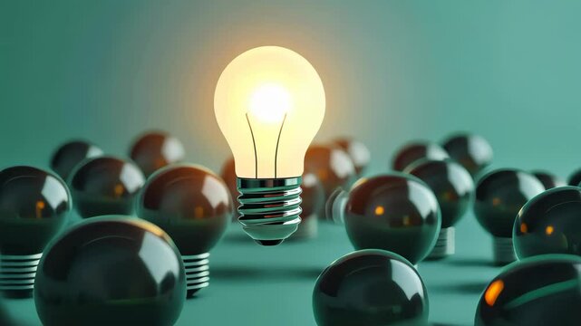 One glowing light bulb standing among the dark bulbs on pastel green background.	
