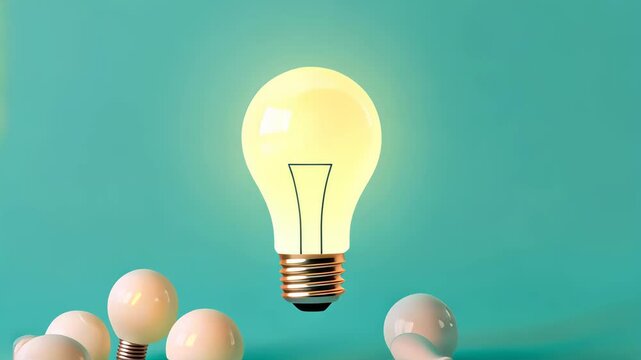 One glowing light bulb standing among the dark bulbs on pastel green background.	
