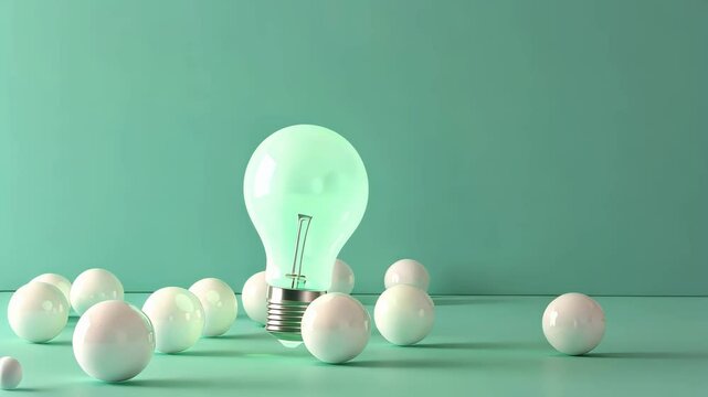One glowing light bulb standing among the dark bulbs on pastel green background.	
