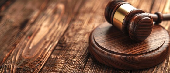 Close-up of a detailed judge's gavel on a table, symbolizing justice in a dimly lit courtroom. Free copy space for banner.
