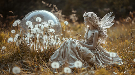 Elegant Fairy in Sunlit Dandelion Meadow
