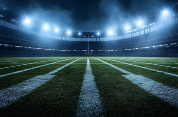 Illuminated competition: A football field under the bright lights of a stadium, ready for a high-stakes game,