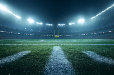 Illuminated competition: A football field under the bright lights of a stadium, ready for a high-stakes game,