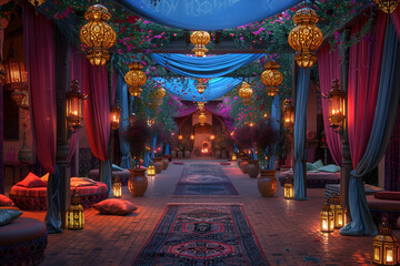 Fototapeta premium a beautiful and luxurious interior of a palace or palace. The floor is covered with a blue carpet with a floral pattern