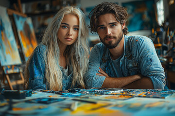 Fototapeta premium Partners creating art together in a sunny studio, reflecting their creativity and shared passion. Concept of artistic collaboration and joy.