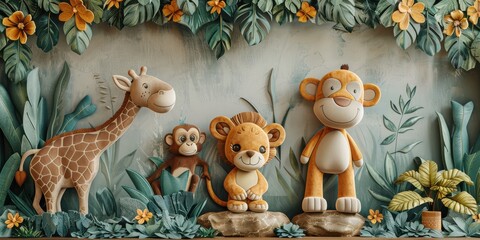 Naklejka premium Playful cartoon safari animals including a giraffe, lion, and monkey, surrounded by lush foliage.