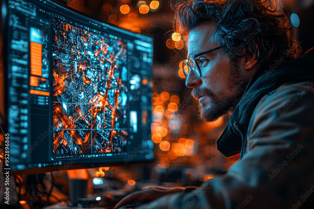 Poster an artist creating a complex digital artwork using sophisticated software, demonstrating creativity 