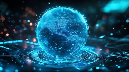 Obraz premium A Glowing Blue Digital Globe Surrounded by a Ring of Lights