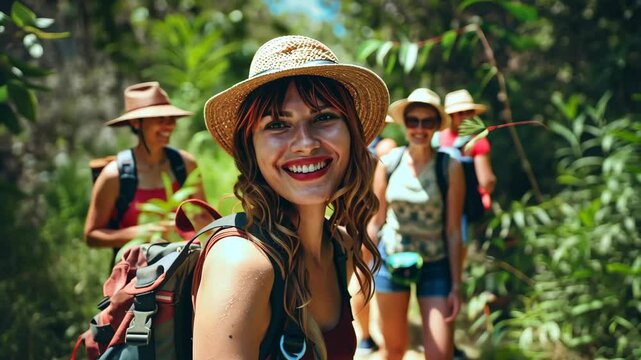 A group of friends enjoys a lively hike along a beautiful trail, sharing smiles and laughter under the warm sun, surrounded by vibrant greenery