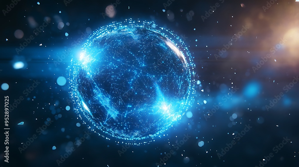 Poster a glowing blue sphere of light with a network of points and lines