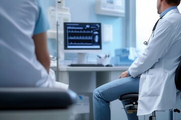 A doctor in a lab coat uses a stethoscope to carefully examine a patient in a clean, modern clinic environment. Generative AI