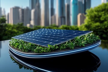 Clean energy technological breakthroughs are depicted in a futuristic illustration of an advanced solar panel with enhanced energy conversion efficiency